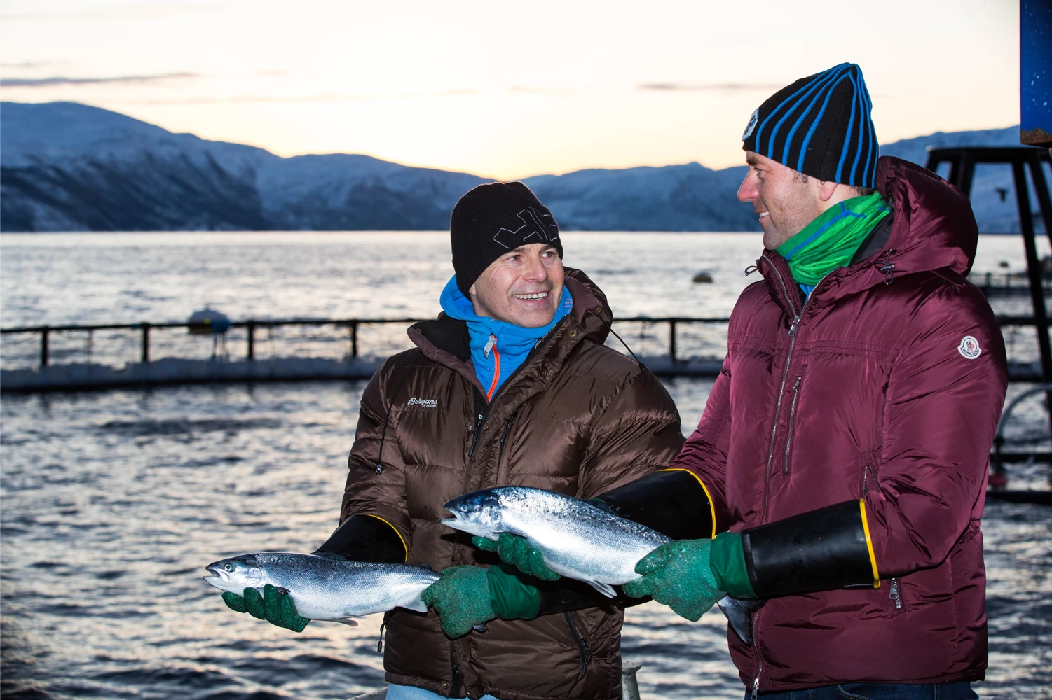 Bravo Seafood på besøk hos Sjurselv, to menn holder hver sin laks