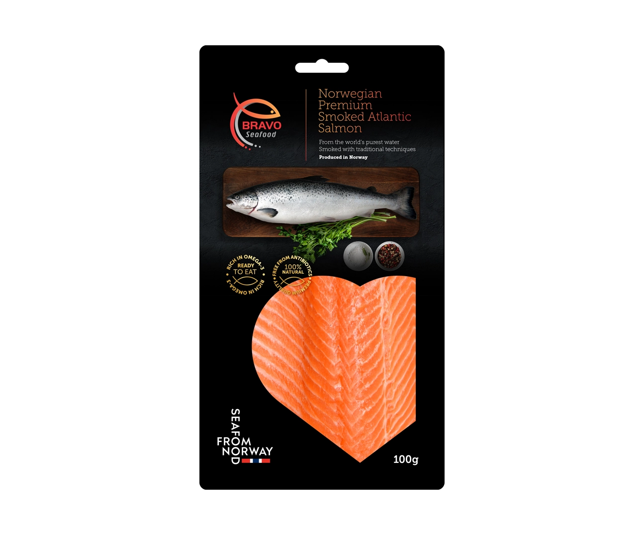 Picture of packaging with smoked salmon from Bravo Seafood - bravoseafood.no