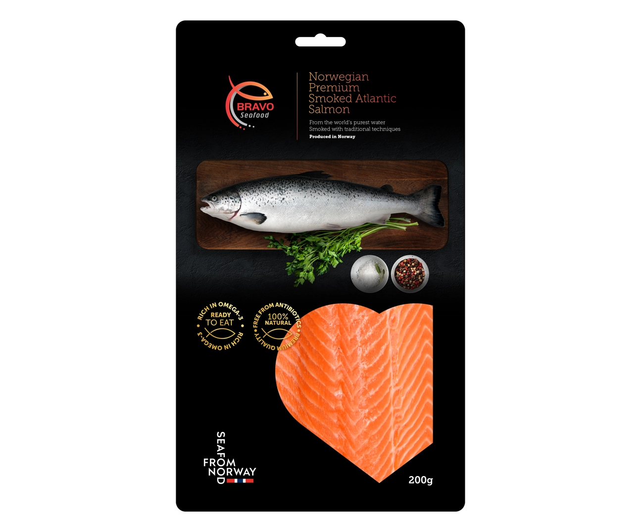 Picture of packaging with smoked salmon from Bravo Seafood - bravoseafood.no